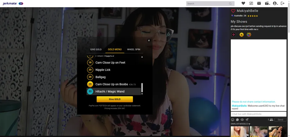 jerkmate — Gold menu — pay per action